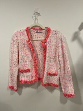Zara Cream Tweed Cardigan with Pink & Orange Accent Fringe